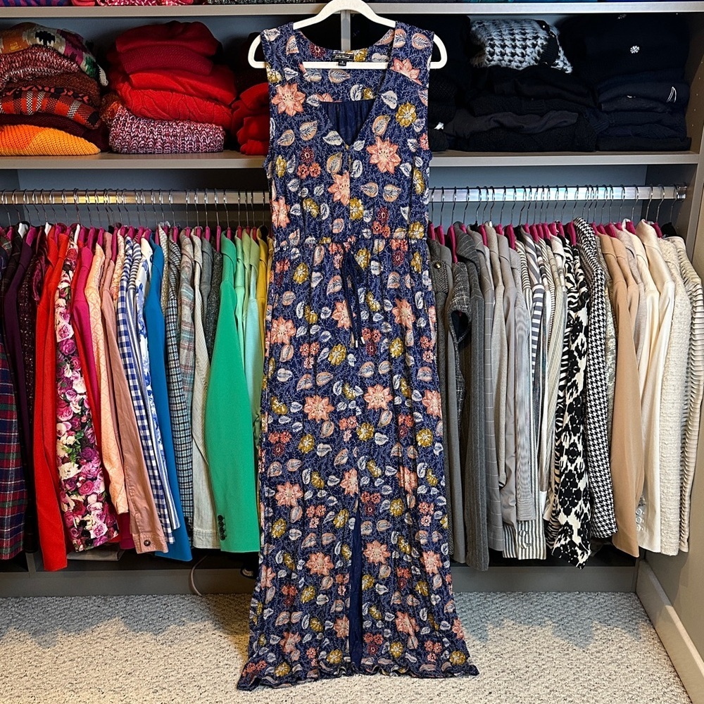 Lucky Brand navy/orange/yellow print sleeveless tie waistband maxi dress size S